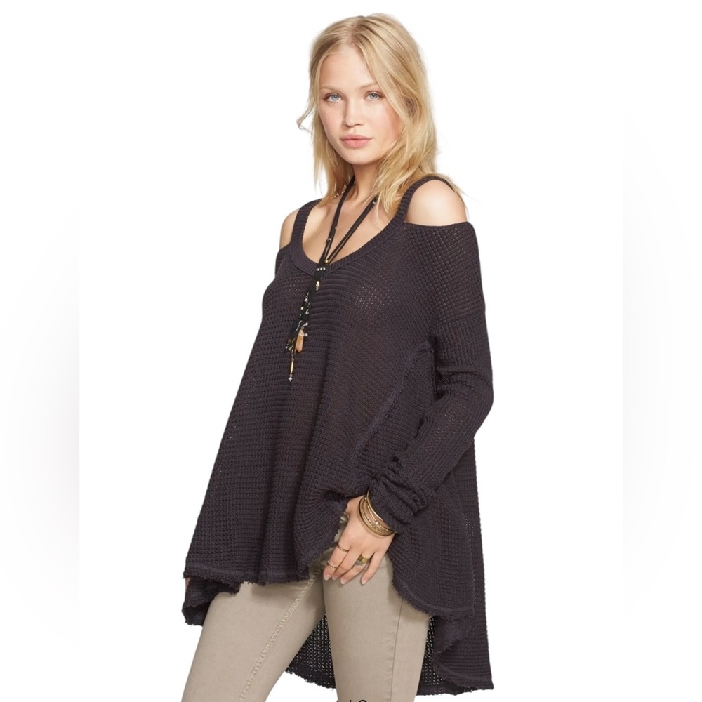 Free People “Moonshine” cold-shoulder sweater in charcoal. Like new condition.